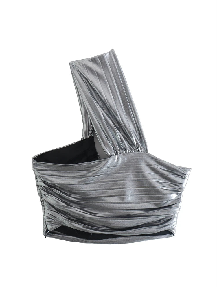 Aiertu  Summer New Metal Texture Asymmetric Sloping Shoulder Y2k Crop Top Ladies Corset Sling Crop Top Aiertu
