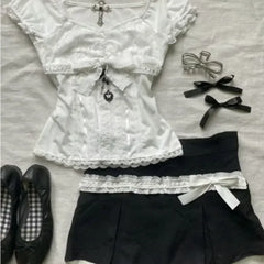 Aiertu Summer New Two Piece Sets Women Japanese Sweet Vintage Lace Slim Short Sleeve Tops + Y2k High Waist Bow Patchwork Skirts Aiertu
