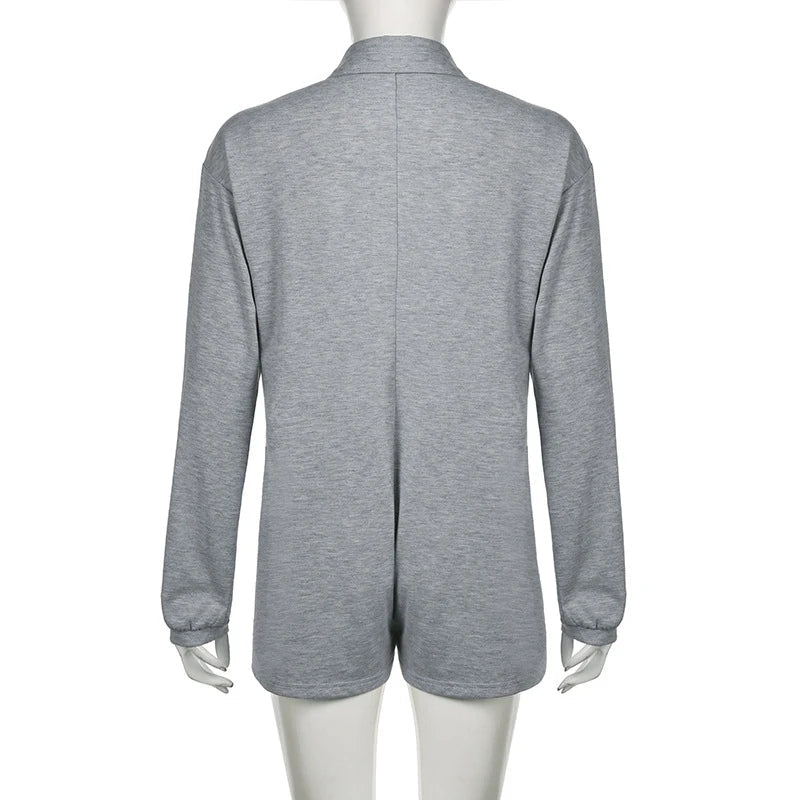AIERTU  -  Casual Single-breasted Polo collar Loose Simple Long Sleeved Short Jumpsuits Street Gray Versatile Autumn Romper Clubwear Aiertu