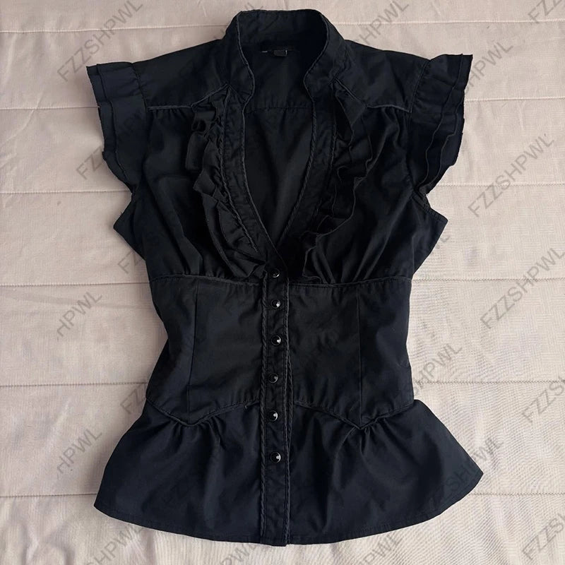 AIERTU  -  Gothic Women's Shirt Chic Aesthetic Grunge High Street American Style Striped Lace-up Slim Fit Fashion Hip Hop Short Sleeve Tops Aiertu