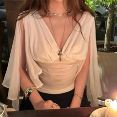 AIERTU  -  Mesh Deep V Neck T Shirt With Ribbon Sleeves Slim Fit Waist Cinching Pleated Top Women Sexy Fashionable Elegant Stylish Summer Aiertu