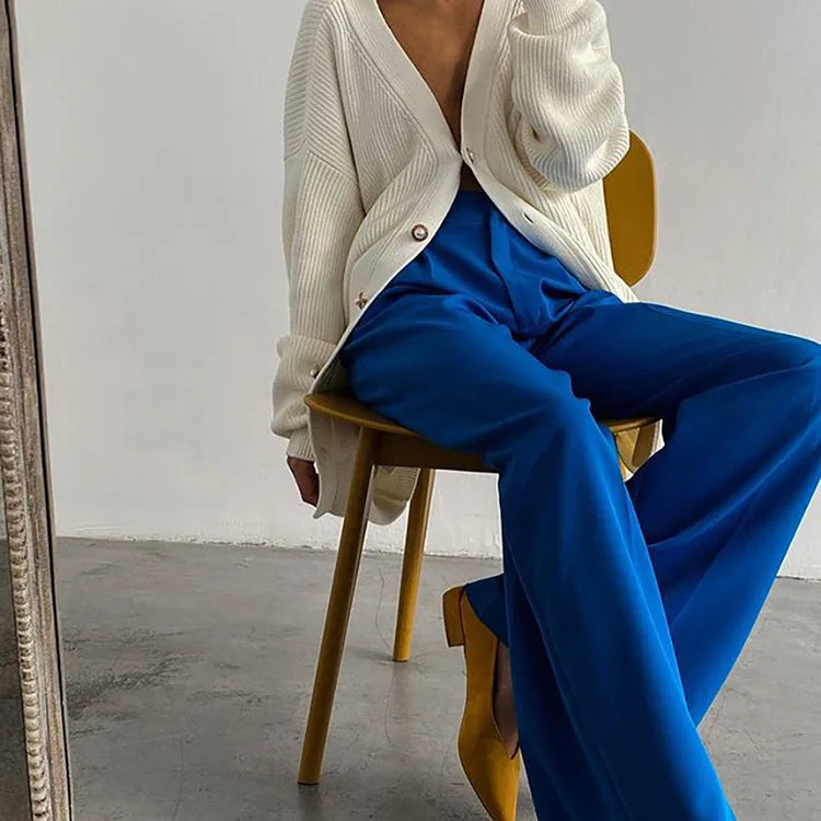 Aiertu Blue Office Women'S Pants Fashion Loose Full Length Ladies Trousers Casual High Waist Wide Pants For Women Aiertu
