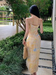 Aiertu Summer Retro Elegant Korean Sweet Yellow Print Ruffles Lace Up Dress Women V-neck Sleeveless Party Fairy Princess Clothes French Aiertu