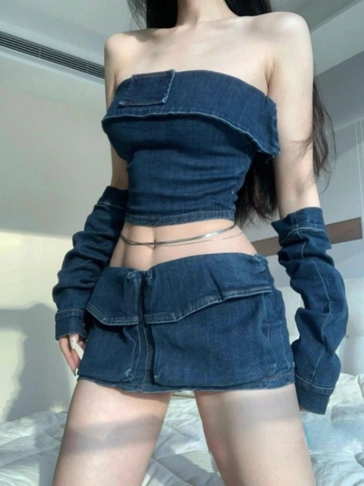 Women Clothing Chic Summer Two Piece Sets Strapless Tunic Vest Crop Tops Bodycon Mini Skirt Outfits Casual Denim Y2k Suit Aiertu