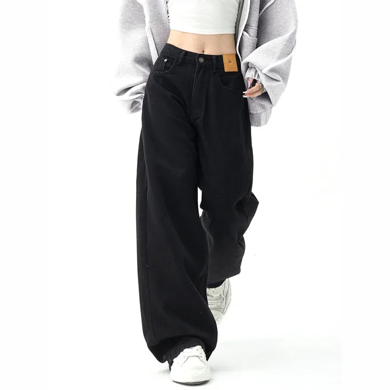 Aiertu Black Baggy Straight Jeans Women Korean Fashion Streetwear High Waist Wide Leg Denim Pants Female Loose Mopping Jean Trouser Y2K Aiertu