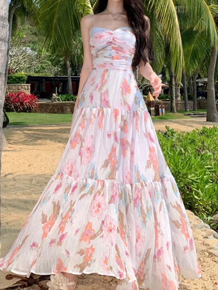 Aiertu Spaghetti Strap Elegant Women Summer Dress Sleeveless Casual Floral Print A-Line Beach Holiday Clothes Female Long Robe Aiertu