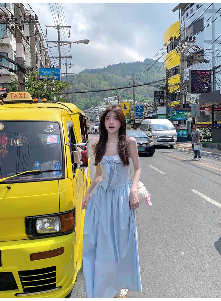 Aiertu Japanese Midi Dress Women Casual Sweet Elegant Strap Blue Bow Strapless Dress Beach Style One Piece Dress Korean 2024 Summer Aiertu