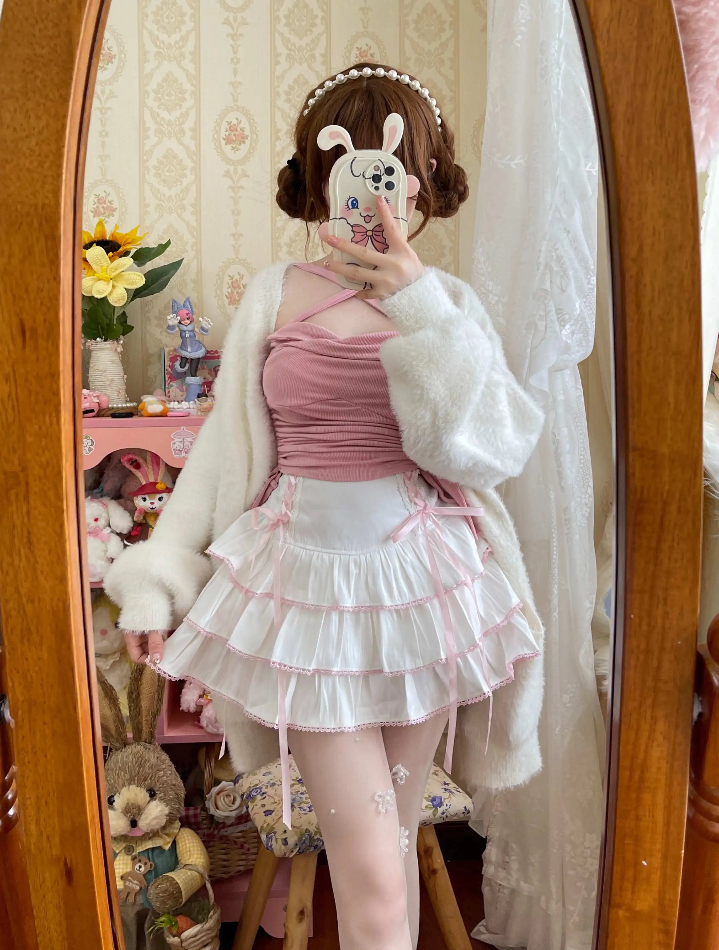 Lolita Tiered Mini Skirt Women Skorts Kawaii Layered Ruffle High Waist Lace Up A Line Cute Skirts for Teen Girls Aiertu