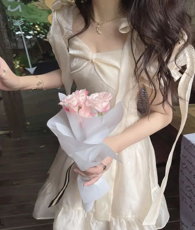 Aiertu Autumn Sweet Puff Sleeve Fairy Dress Women Bow Vintage Casual Princess Mini Dress Female Solid Japanese Kawaii Party Dress Aiertu