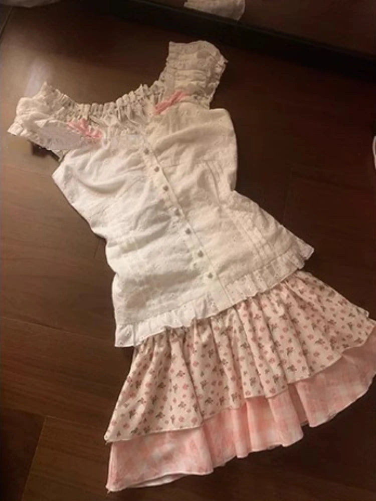 Aiertu Japanese Sweet Kawaii Print 2 Piece Set Women Patchwork Lace Cute Skirt Suit Female White Bow Tops + Plaid Mini Skirt Sets 2024 Aiertu