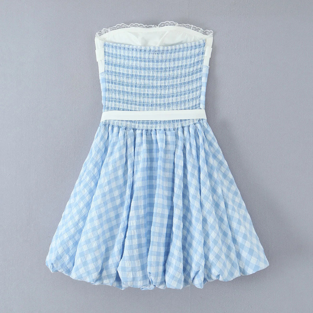 AIERTU  -  Blue Gingham Halter Mini Dress Women Y2K Ruffle Bustier Puff Balloon Hem Party Dress Aiertu