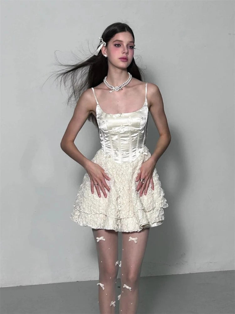 Aiertu Elegant Fairy Dress Women Summer High Waist White Lace Party Mini Dresses Spaghetti Strap Streetwear Korean Fashion Aiertu