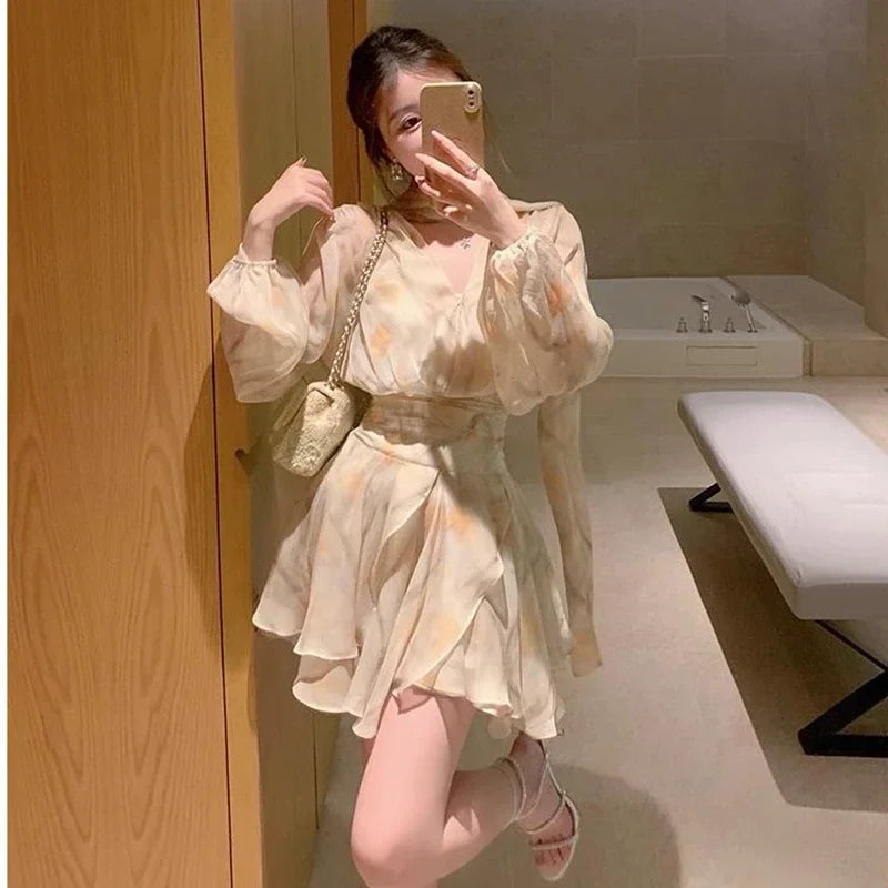 Aiertu 2024 New Holiday Dress Women Summer Long Sleeve V-Neck Bubble Sleeve Chiffon Beach Printed Dress Irregular Fairy Dress Boho Aiertu