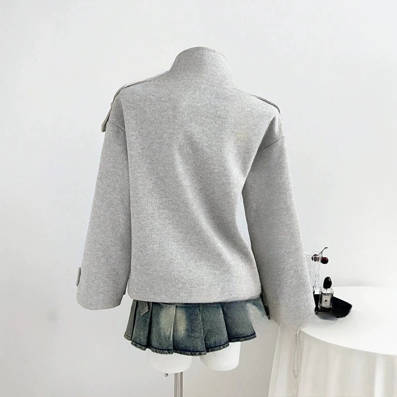AIERTU  -  Women Double Breasted Jackets Solid Thick Stand Collar Outerwear Cropped Korean Style Retro Loose Fit Fall Winter Short Coats Aiertu