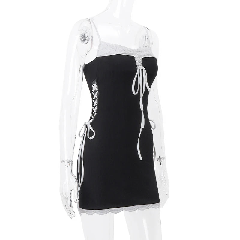 Aiertu Sexy Cross Bandage Patchwork Mini Dress Y2K Streetwear Spaghetti Straps Low-cut Dresses Summer Casual Party Vestidos Aiertu