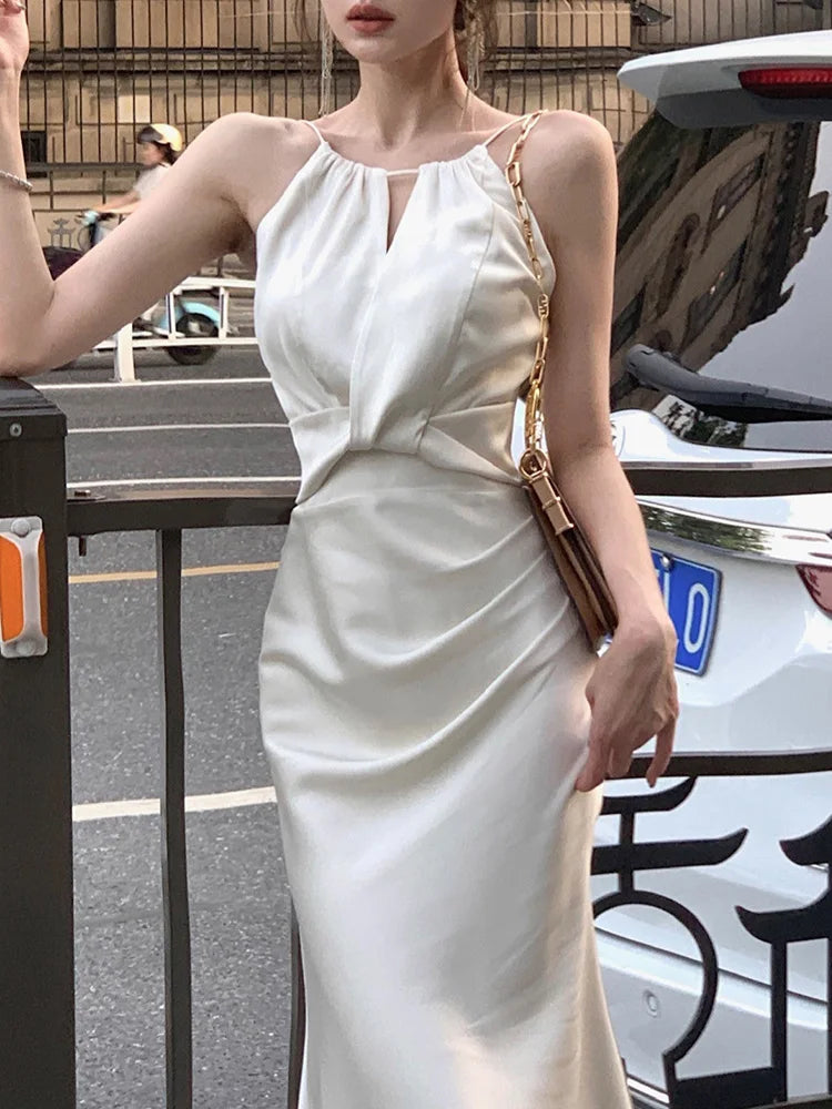 Satin Dress for Women Streetwear Vintage French Style Dresses Solid Slim Zipper Camisole Sweet Midi 2024 New Spring Summer Dress Aiertu