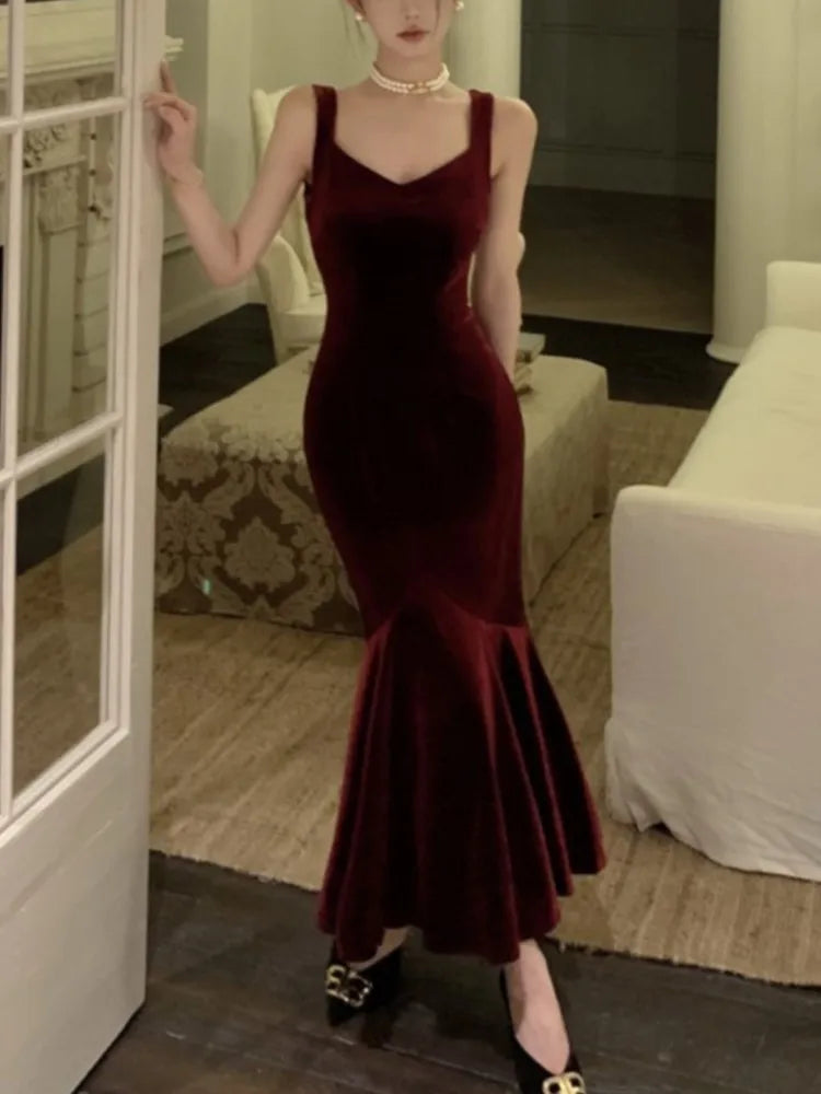 AIERTU  -  French Style Vintage Wine Red Camisole Long Dress Elegant Women Spring Autumn Solid Slim Mermaid Ladies Evening Party Robe New Aiertu