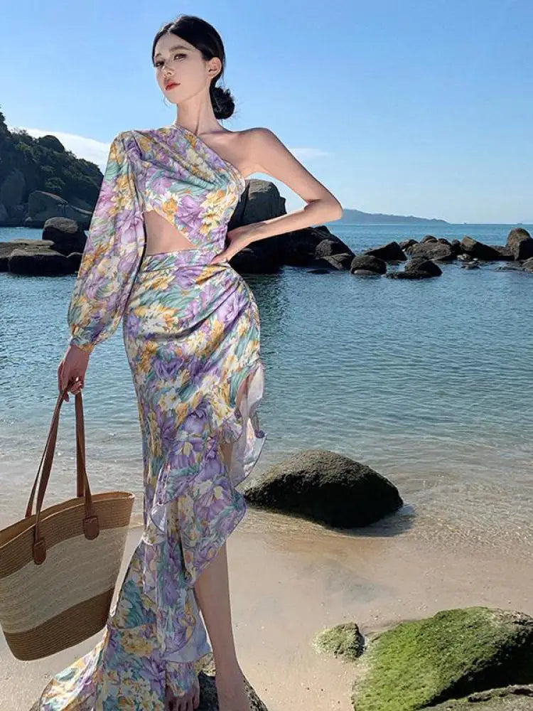 Aiertu Women Purple Print Sexy Club Slanted One Shoulder Slim Floral Ruffles Long Dress Summer Elegant Long Sleeve Party Evening Dress Aiertu