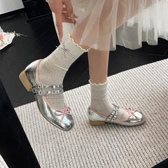 AIERTU  -  Pink Floral Pattern Low Heel Mary Jane Shoes Women Summer Comfort Silver Bowknot Ballet Flats Woman's Lolita Shoes Aiertu
