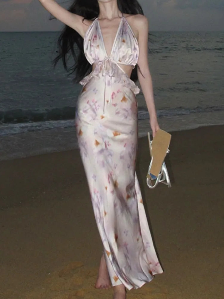 Aiertu New Sexy Fashion New Women Floral Print Midi Dress Sleeveless Halter Bodycon Slim Beach Holiday Vestidos Female Backless Clothes Aiertu