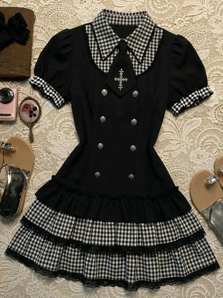 AIERTU  -  Summer Gothic Dark Plaid Design Sweet Cool Lace Splicing Grid Short Sleeve Pleate Dresses Women Y2k Trendy Double-Breasted Dress Aiertu