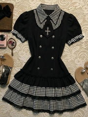 AIERTU  -  Summer Gothic Dark Plaid Design Sweet Cool Lace Splicing Grid Short Sleeve Pleate Dresses Women Y2k Trendy Double-Breasted Dress Aiertu