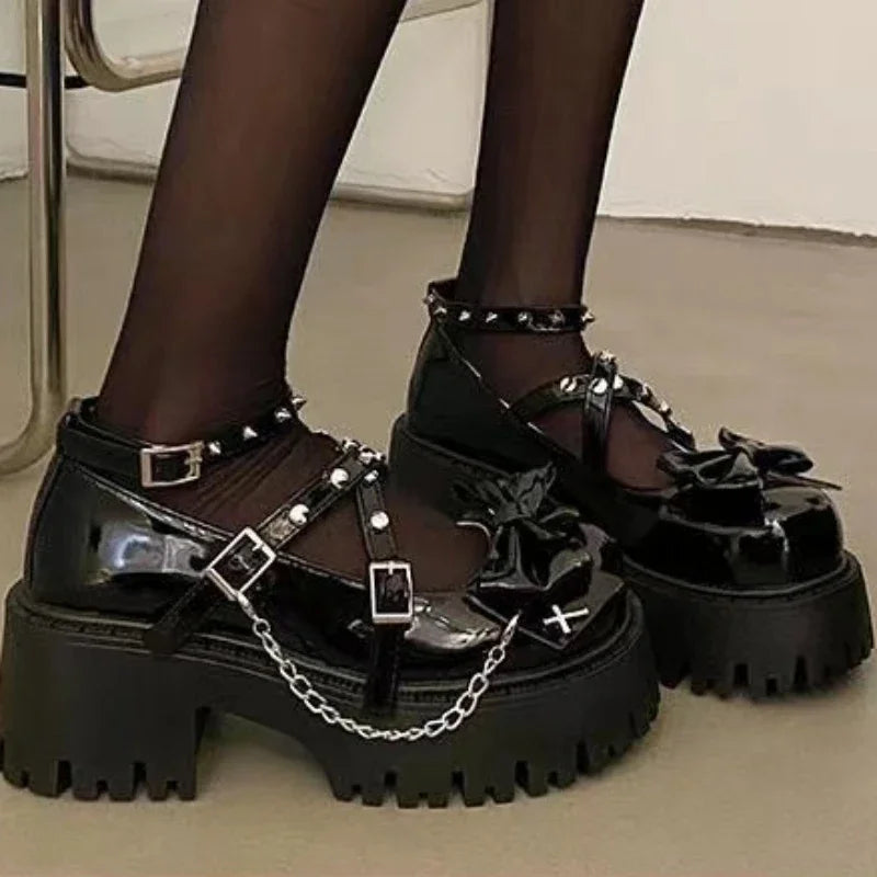 Aiertu Back  to school Women's Mary Jane Shoes Lolita Solid Color Spring 2024 Hot Sale Fashion Butterfly Knot Outdoors Thick with Non-slip Female Shoes Aiertu
