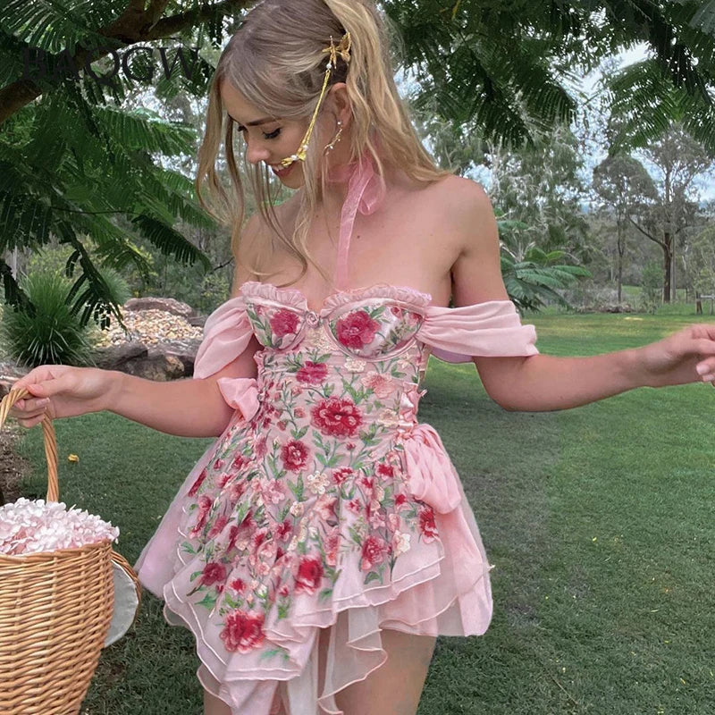 Aiertu Elegant Floral Print Chiffon Dress Pink Side Bandage Aesthetic Irregular Ruffle Mini Dresses Boho Sweet Outfit Party Vacation Aiertu