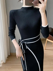 Aiertu Korean Fashion Slim Half High Neck Black White Patchwork Sweater Dress Women Elegant Slim Long Sleeve Bandage Knitted Midi Dress Aiertu