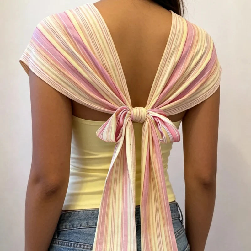 AIERTU  -  Summer Women Y2k Deep V- neck Cinched Waist Wrap Top Ruched Tie Back Halter Backless Shirt Going Out Poncho T-Shirts Tops Aiertu