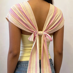 AIERTU  -  Summer Women Y2k Deep V- neck Cinched Waist Wrap Top Ruched Tie Back Halter Backless Shirt Going Out Poncho T-Shirts Tops Aiertu