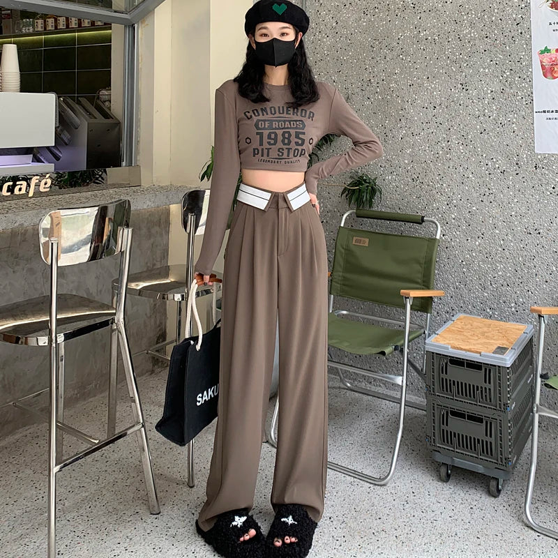 Aiertu Casual High Waist Streetwear Style Black Pleated Straight Pants Korean Fashion Women's Wide Leg Baggy Y2K Trouser Female Clothes Aiertu
