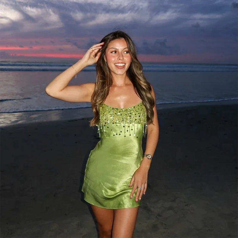 AIERTU  -  Sequin Tassel Green Mini Dress Women Satin Spaghetti Straps Square Neck Party Clubs Short Skirt NEW Summer Vacation Dresses Aiertu