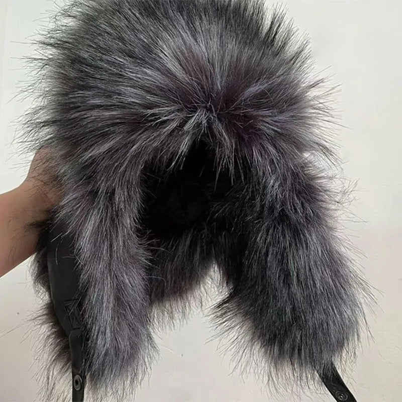 AIERTU  - Fur Hat Women Black Fox Fur Ushanka Hats Winter Warm Ears Bomber Cap Thick Hat Windproof Ear Flaps Middle Aged Cold Weather Aiertu