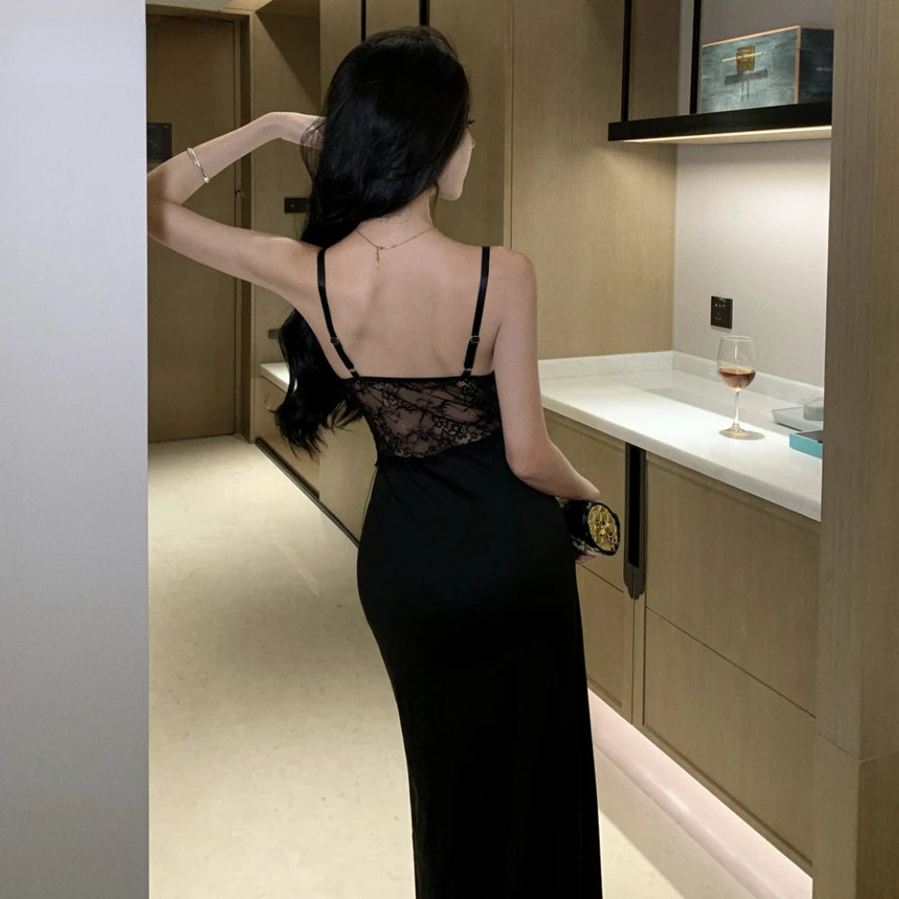 Aiertu Vintage Sexy Black Lace Prom Maxi Dress Women Hollow Out Split Bodycon Camisole Dresses Evening Party Club Fashion Spring 2024 Aiertu