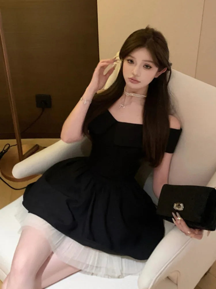 Aiertu DRESS TO IMPRESS French Hepburn Elegant Lady Mini Evening Party Dress Mesh Stitching A Line Summer Dresses For Women Off Shoulder Slim Sexy Dress aiertu