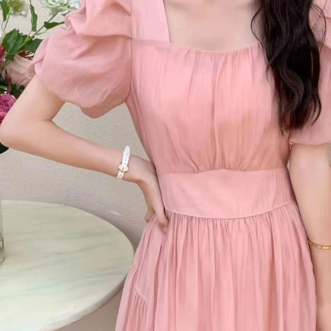 Aiertu Elegant and Chic Women Solid Summer Dress Vintage A-Line Short Sleeve Party Prom Dresses Female Clothes Long Robe New Aiertu