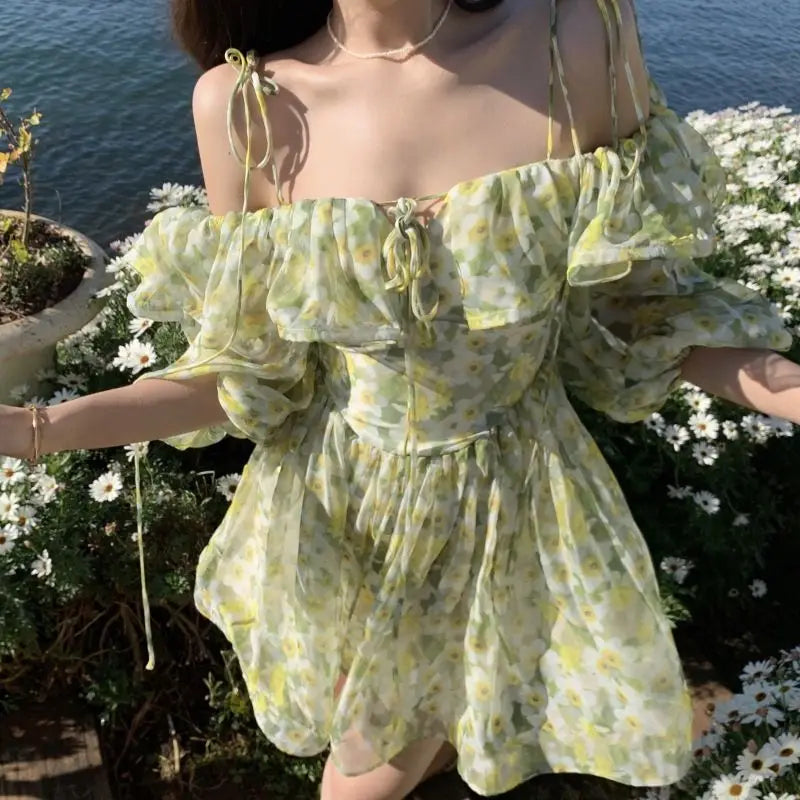 Aiertu Dress Floral Suspender Backless Ruffles Summer 2024 Sexy Elegant Dress Women Clothing Female Short Korean Beach Outfits Dress Aiertu