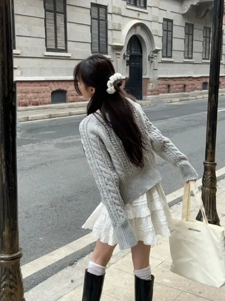 Aiertu Korean Fashion Grey Cardigans Women Sweet Gil Bow Bandage Coquette Knitted Sweater Mujer Casual Long Sleeve Tops Autumn aiertu