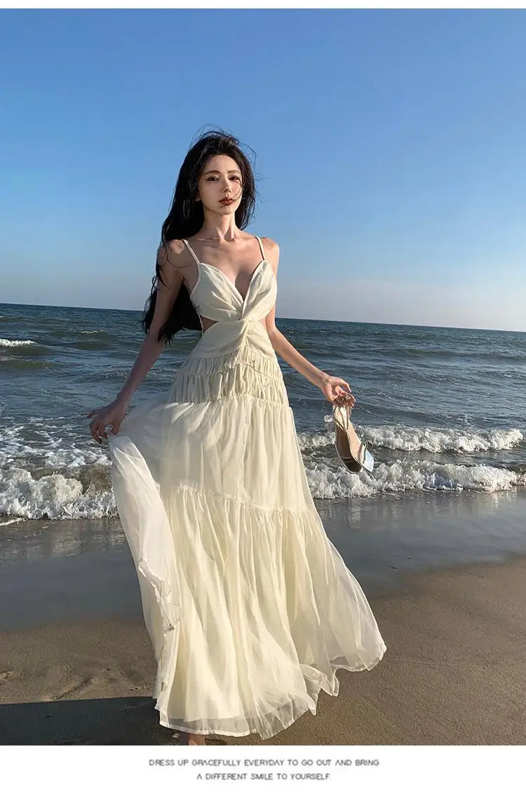 Aiertu Summer Beige Sexy Club Backless Women Elegant Pleated Slip Dress V-neck Slim Lace Up Sleeveless Evening Party Fairy Long Dresses Aiertu