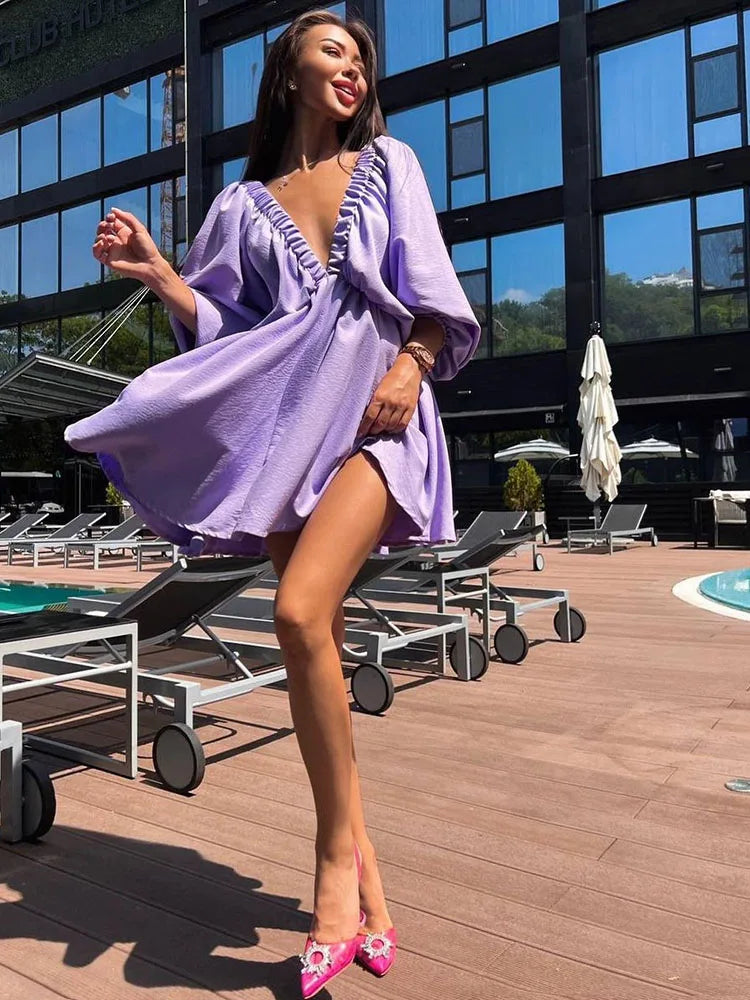 Aiertu Summer 11 Candy Color Long Sleeve Dresses Women Tourism vacation Deep V Neck Women Summer Boho Dresses Aiertu