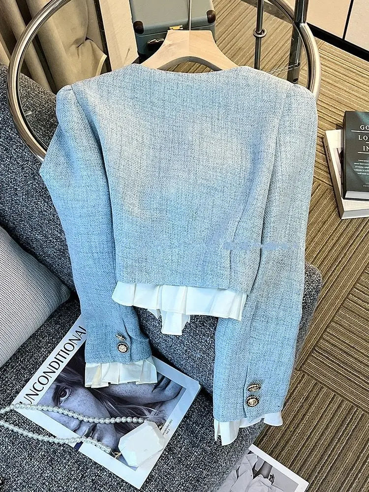 Aiertu Suit Short Long-Sleeved Jacket + Skirt Little Fragrance Blue 2024 Fall Two Piece Sets For Women Royal Sister Sense Of Luxury Aiertu