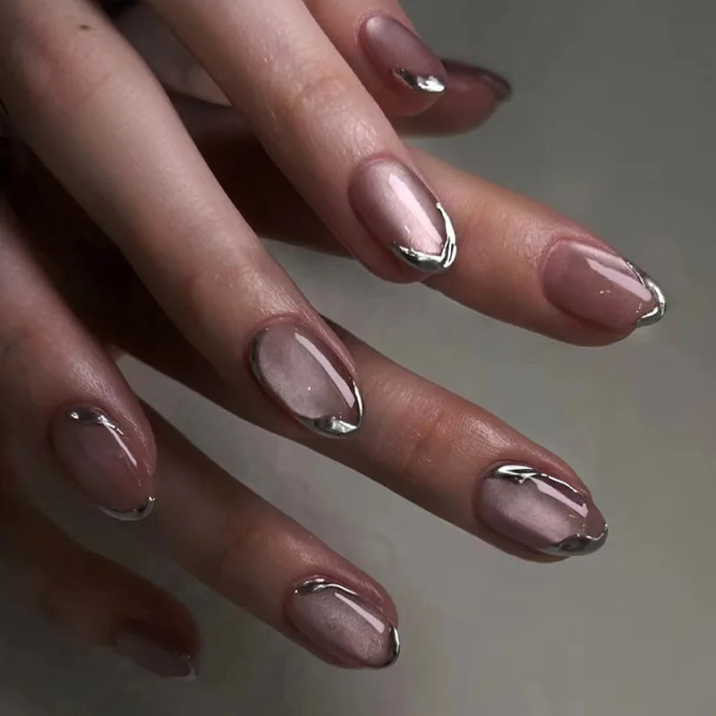 Aiertu 24Pcs Simple Green French False Nails Short Almond Fake Nails with Wave Line Design Wearable Round Head Press on Nail Tips Aiertu