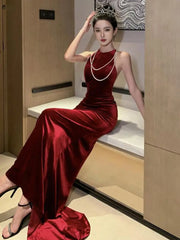 Women Vintage Red Halter Sleeveless Backless Bodycon Velvet Dress French Sexy Party Elegant Slim Fishtail Evening Dresses Summer Aiertu