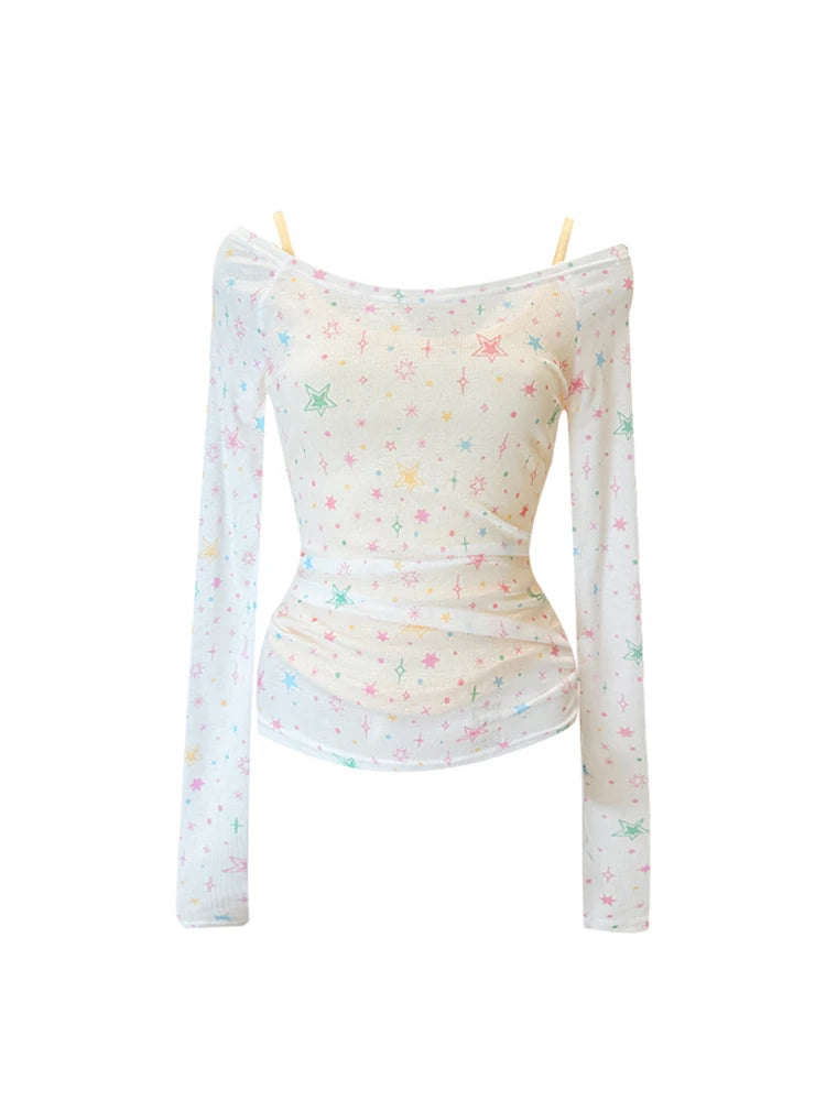 Aiertu Women White Star Print T-shirt Harajuku Korean Y2k Tee Top 90s Aesthetic 2000s Fashion Vintage Slim Fashion T-shirt Clothes 2024 Aiertu