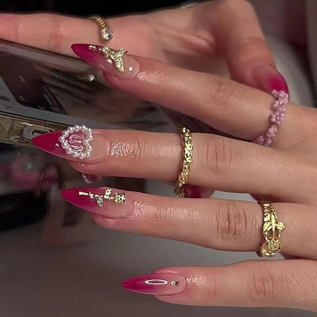 Aiertu 24Pcs Valentine Nails Press on Love Y2k Acrylic Nails Sparkle Butterfly French Cat Eye Almond Full Cover Stick on False Nail Tip Aiertu