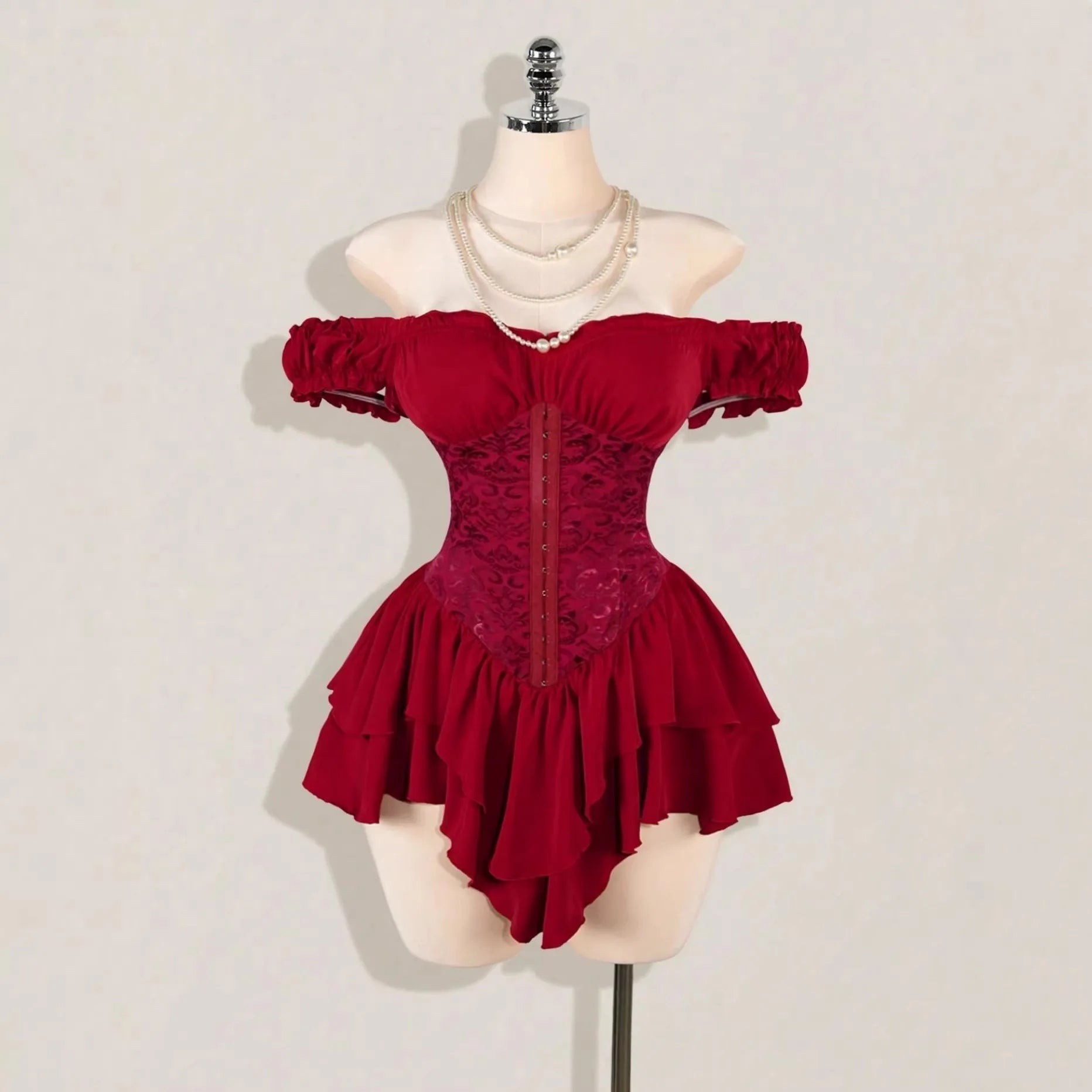 AIERTU  -  Women Dress A-line Lace Splicing Multi-layer Ruffle Edge Short Sleeve Off Shoulder High Waist Slim Solid Color Simple Mini Dress Aiertu