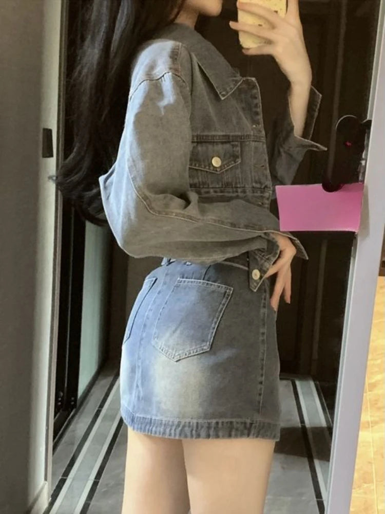 Aiertu Vintage Denim Suit Woman Slim Casual Short Cardigan + Sexy Bodycon Y2k Mini Skirt Elegant Korean Fashion Set 2024 Spring Chic Aiertu