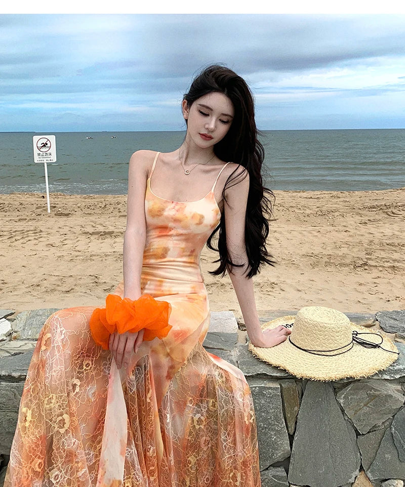 Aiertu Spaghetti Strap Floral Women Summer Dress Sleeveless Bodycon Elegant Fishtail Slim Clothes Sexy Female Casual Dresses Robe Mujer Aiertu