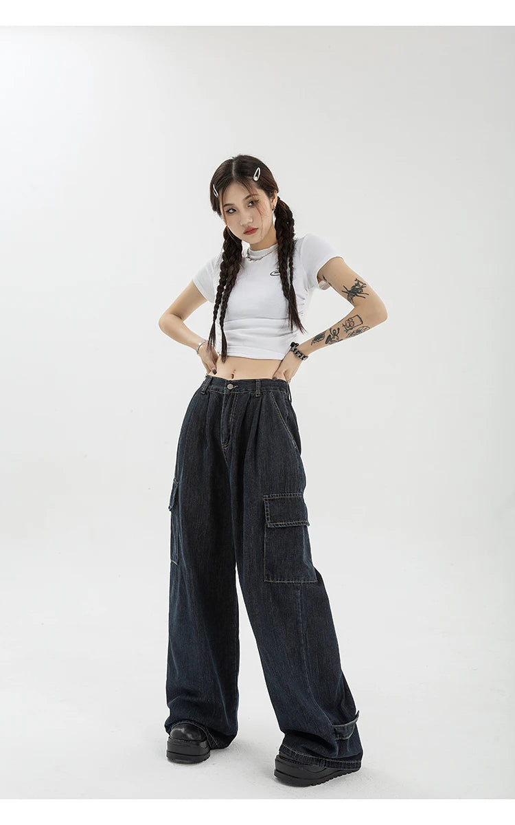Aiertu Autumn Women Harajuku Cargo Baggy Blue Jeans Streetwear Hip Hop Oversize Casual Wide Leg Vintage Demin Pants Y2k Loose Trousers Aiertu